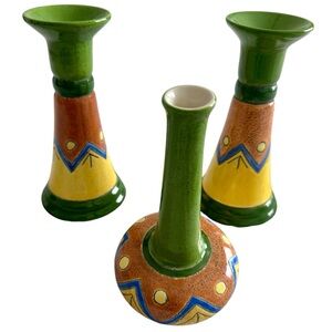 Vintage Artesa Hand Painted Made in Equador Candlestick Holders & Vase 3 Piece